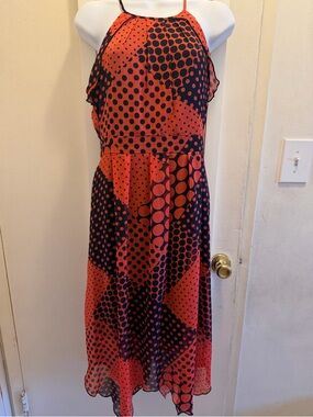 Enfocus Studio Red and Navy Blue Polka Dot Midi Dress